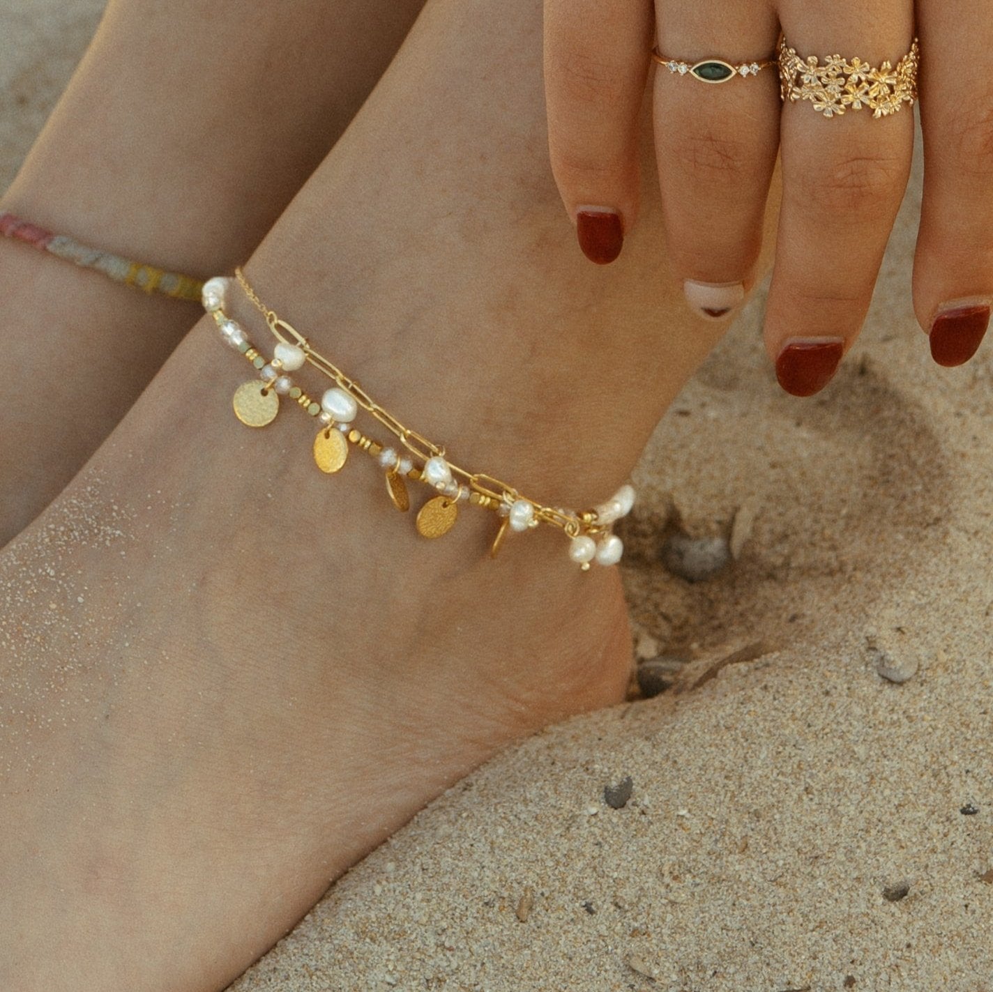 Bracelet de cheville chaîne et nacre en acier inoxydable