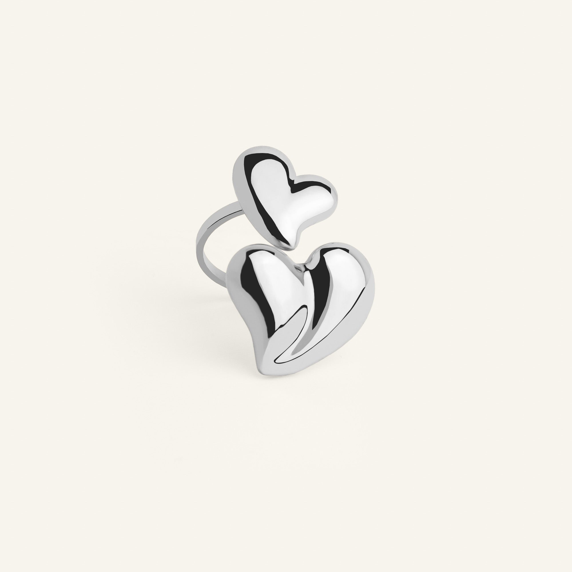 Bague femme double Coeur acier inoxydable argenté