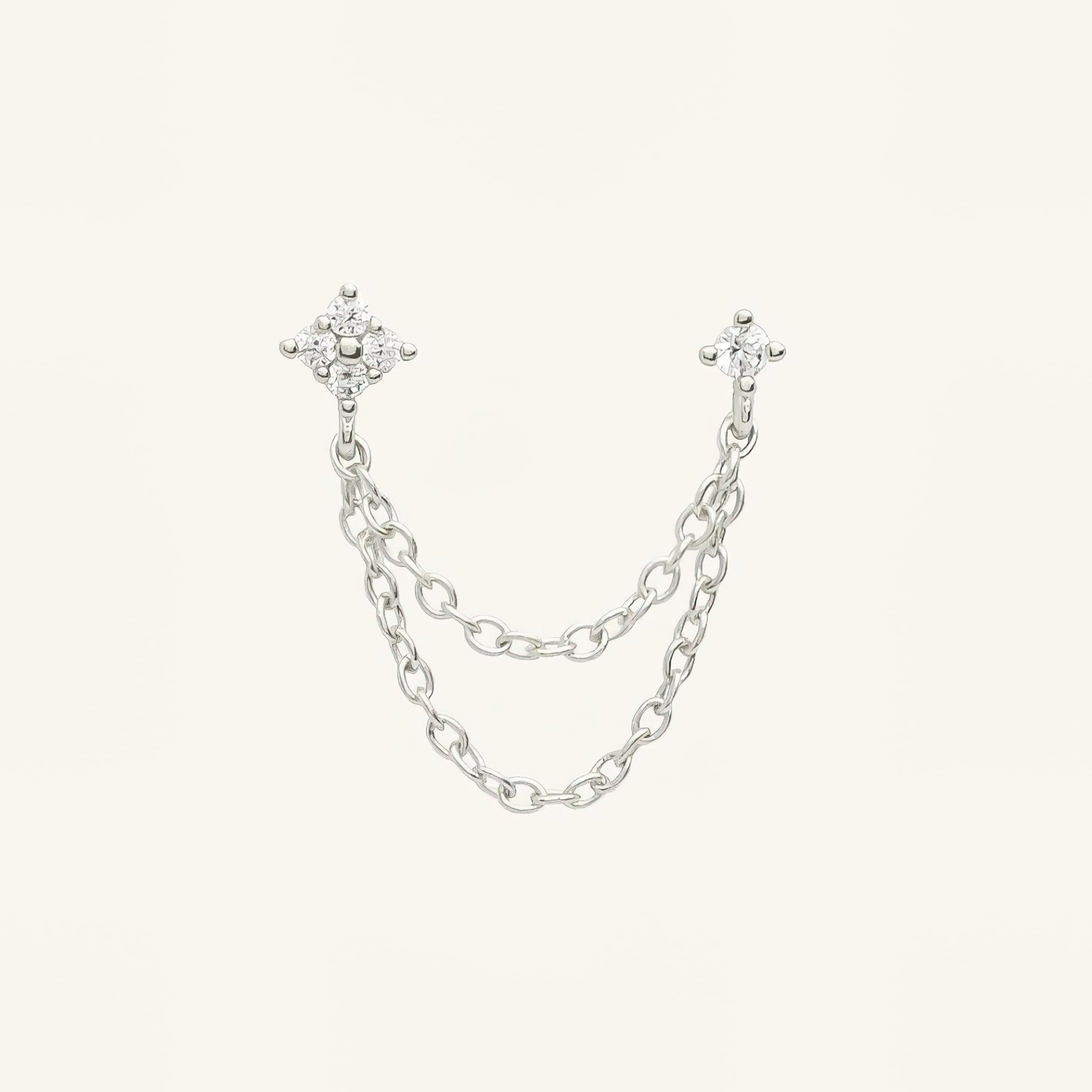 Double puces argent avec double chaînes pendantes et zircons blancs