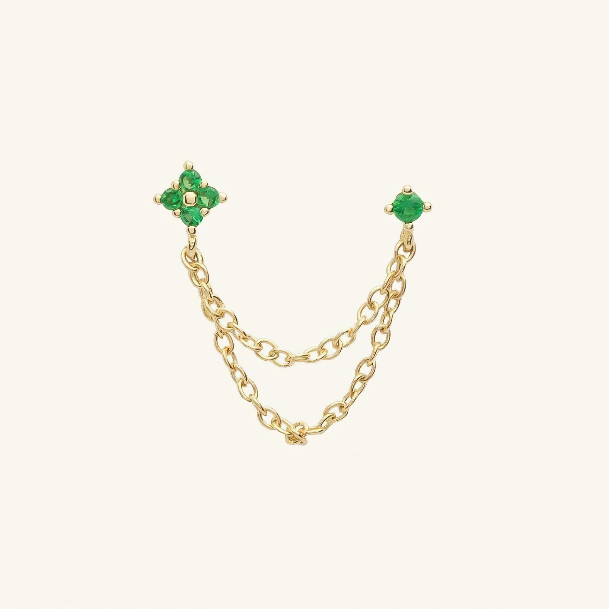Double puces plaqué or avec double chaînes pendantes et zircons verts
