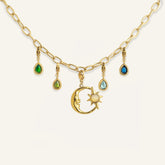Collier à pendentif lune et gouttes de pierres colorées, vue de face
