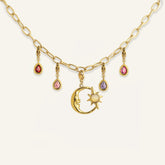 Collier à charms lune et gouttes de pierres colorées en acier inoxydable doré